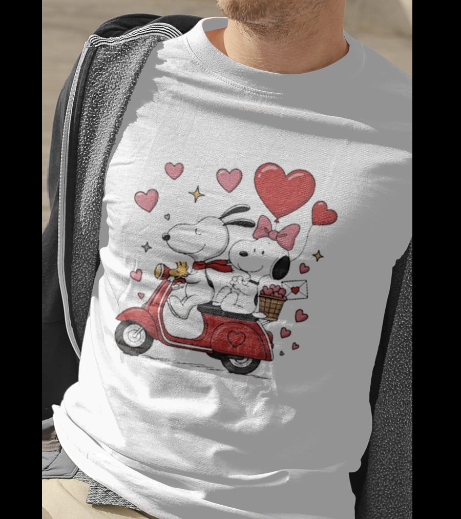 Valentines Day Snoopy Couple Riding Scooter With Hearts And Balloons T-Shirt