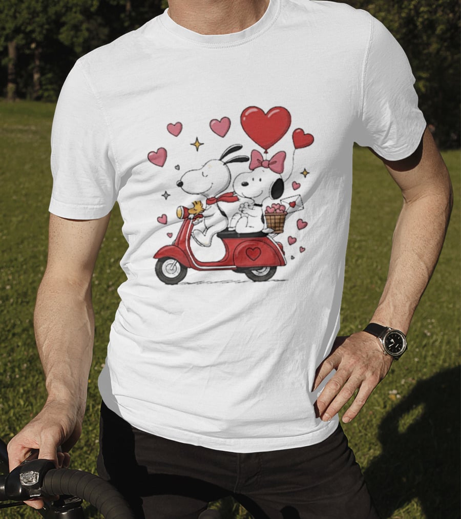 Valentines Day Snoopy Couple Riding Scooter With Hearts And Balloons T-Shirt