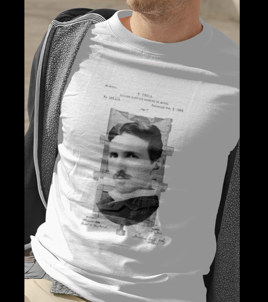 Nikola Tesla Portrait Over Electrical Apparatus Patent Design Image T-Shirt