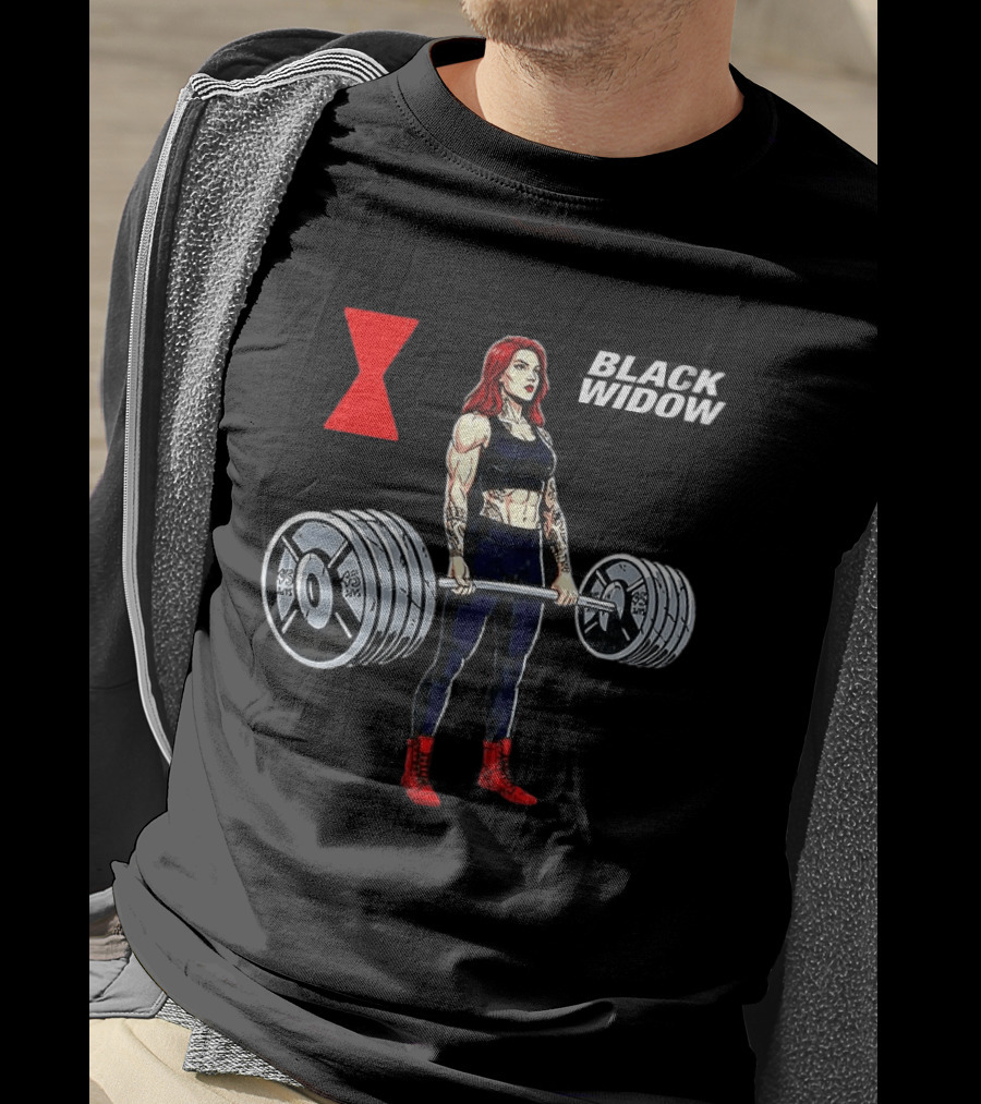 Black Widow Weightlifting Gym Workout Red Hourglass T-Shirt
