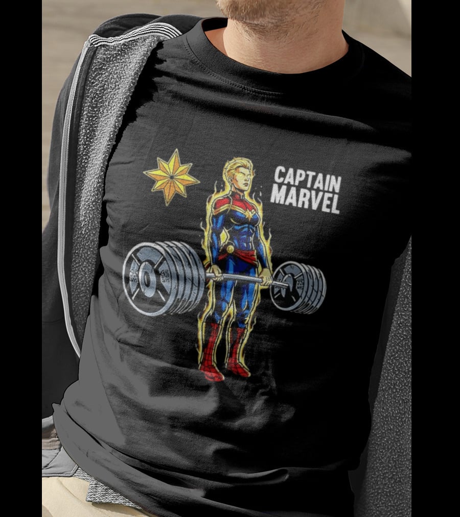 Captain Marvel Lifting Weights Gym Workout Star T-Shirt