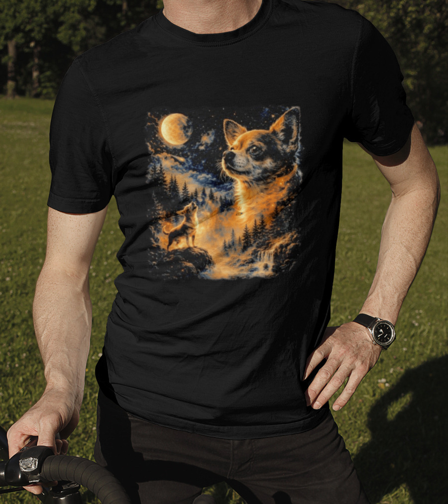 Chihuahua Howling 90s Nostalgia Moonlit Wilderness Scene T-Shirt