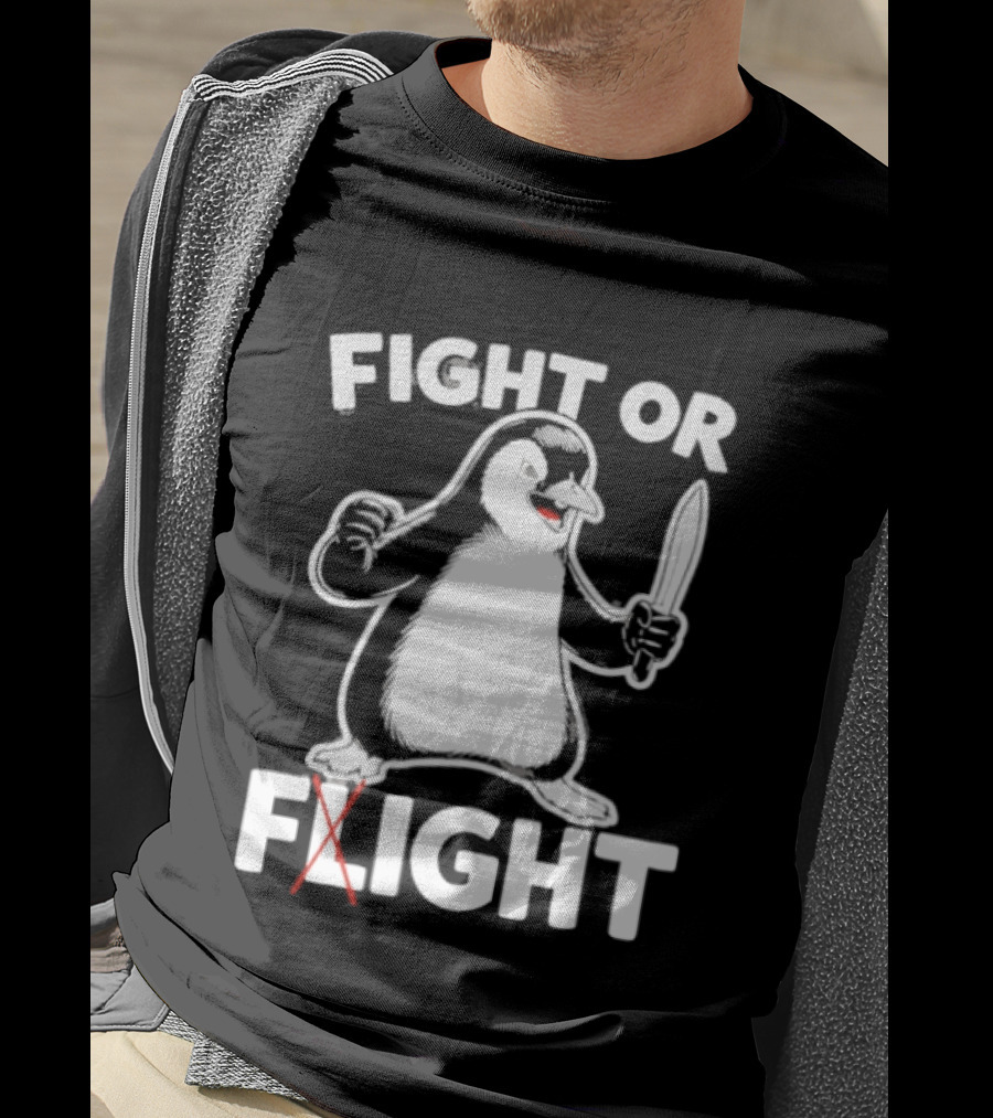 Penguin Holding Knife Fight Or Flight Meme T-Shirt