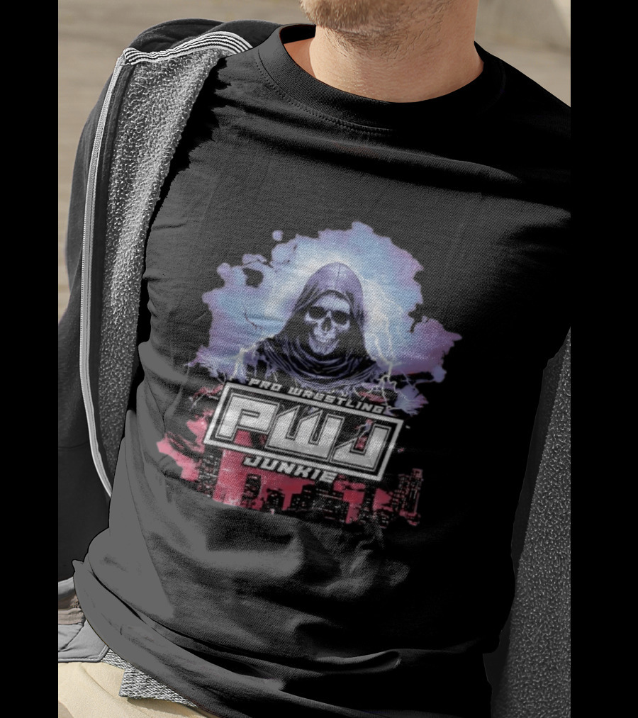 Pro Wrestling PWJ Junkie Skeleton Lightning Cityscape T-Shirt