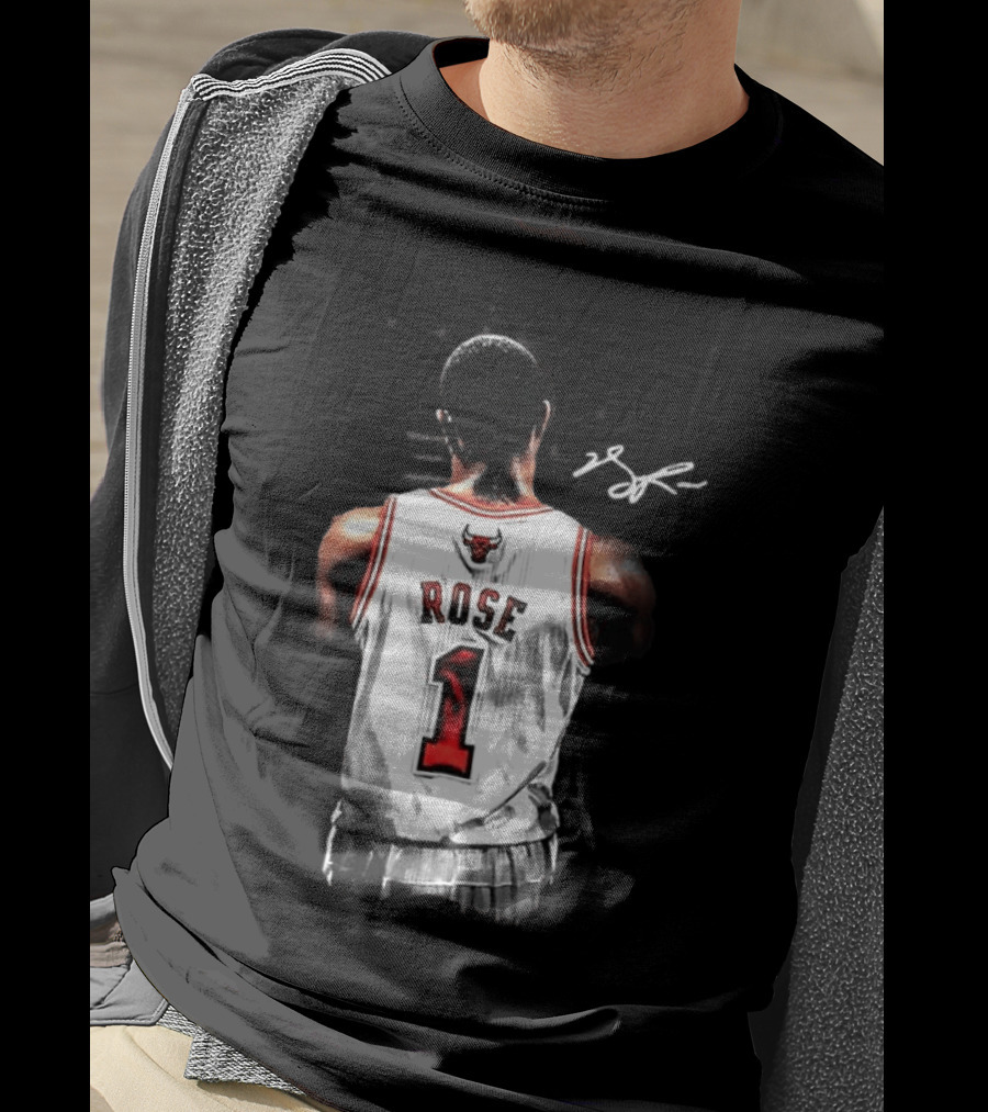 Derrick Rose Chicago Bulls Autographed Jersey Number 1 NBA T-Shirt