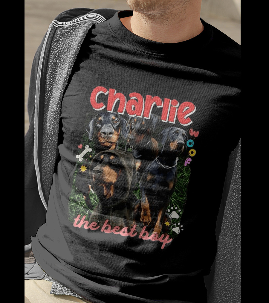 Charlie Woof The Best Boy Dog Paw Prints And Bones T-Shirt