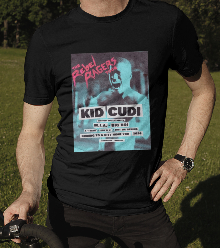 Kid Cudi The Rebel Ragers Tour 2026 Featuring M.I.A. Big Boi A Trak And Dot Da Genius T-Shirt
