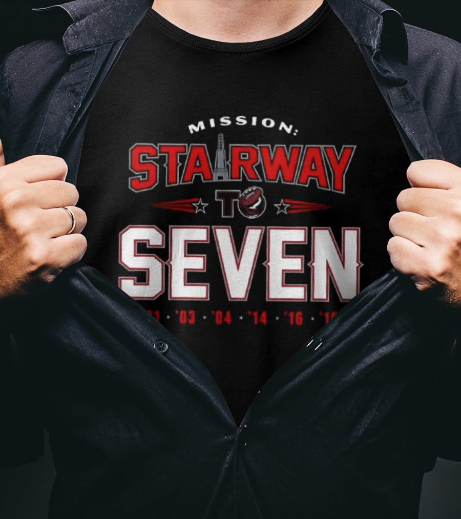 New England Patriots Mission Stairway To Seven Championship Years 2001 2003 2004 2014 2016 2018 T-Shirt