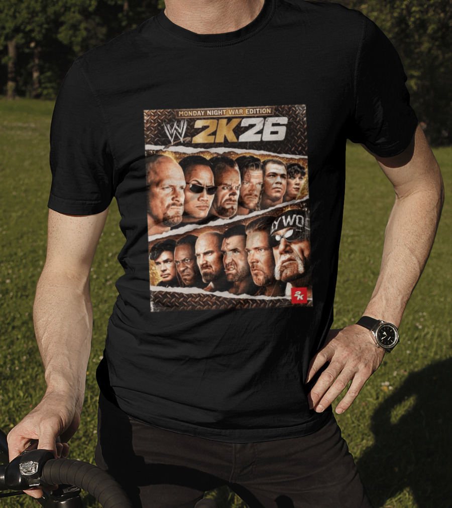 WWE 2K26 Monday Night War Edition Stone Cold Steve Austin Hollywood Hogan The Rock Shawn Michaels Triple H Cover T-Shirt