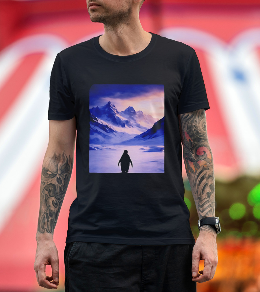 Nihilist Penguin Silhouette In Mountainous Ice Landscape T-Shirt