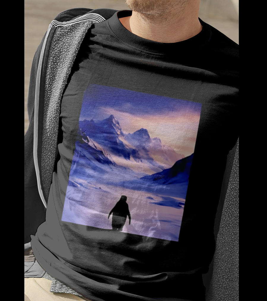 Nihilist Penguin Silhouette In Mountainous Ice Landscape T-Shirt