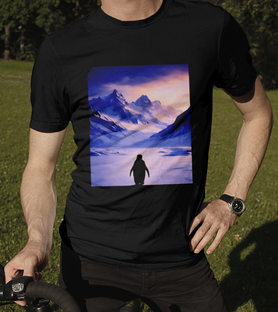 Nihilist Penguin Silhouette In Mountainous Ice Landscape T-Shirt