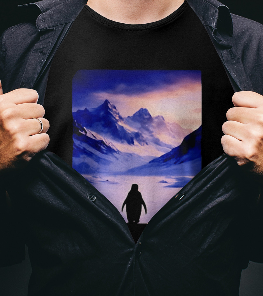 Nihilist Penguin Silhouette In Mountainous Ice Landscape T-Shirt