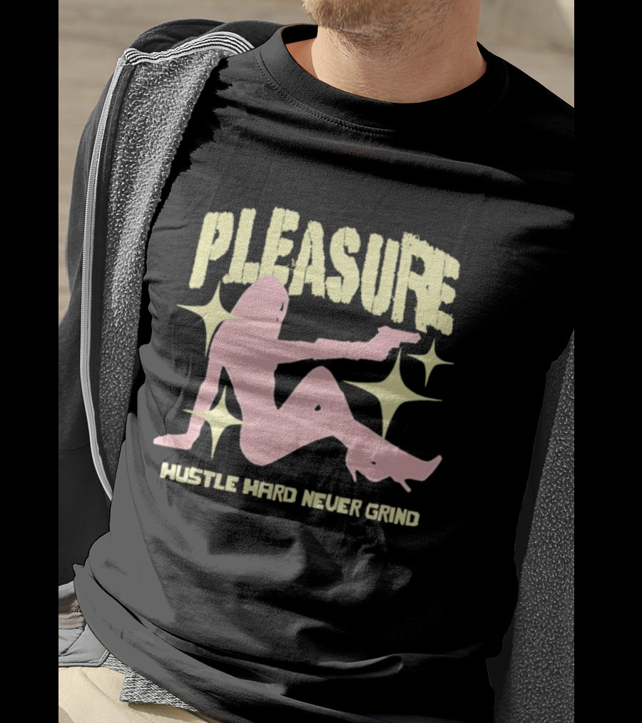 Pleasure Hustle Hard Never Grind Pink Silhouette With Stars T-Shirt