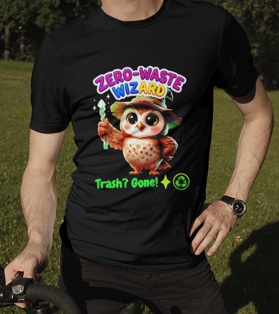 Zero Waste Wizard Owl With Magic Wand Trash Gone Recycling T-Shirt