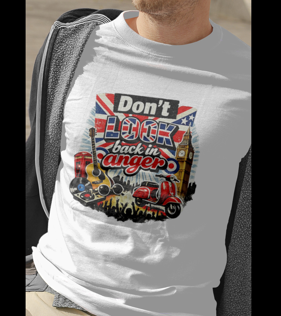 Don't Look Back In Anger UK Flag Vespa Guitar Big Ben Music T-Shirt