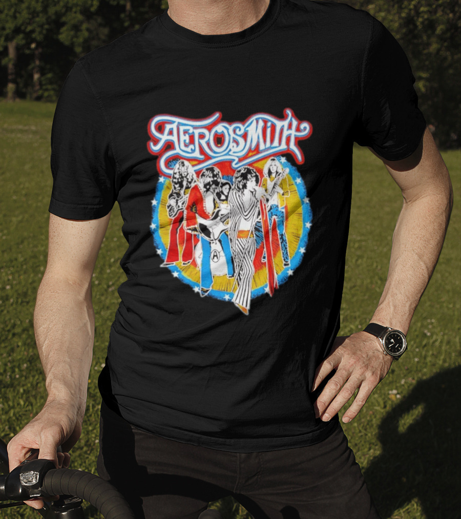 Aerosmith Vintage Band Members Illustration With Stars And Sunburst T-Shirt