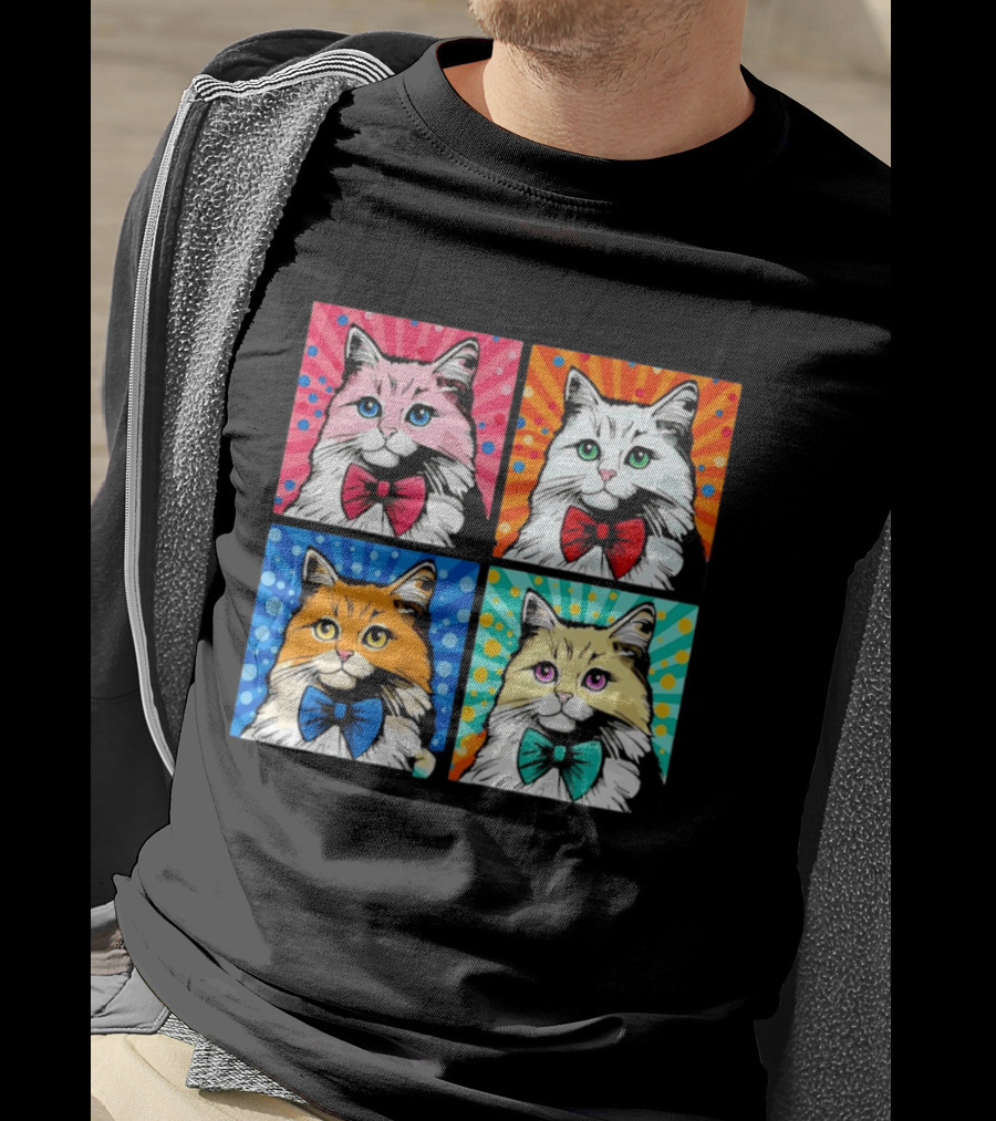 Pop Art Pop Four Panel Colorful Cats Wearing Bowties Kilkennycat T-Shirt