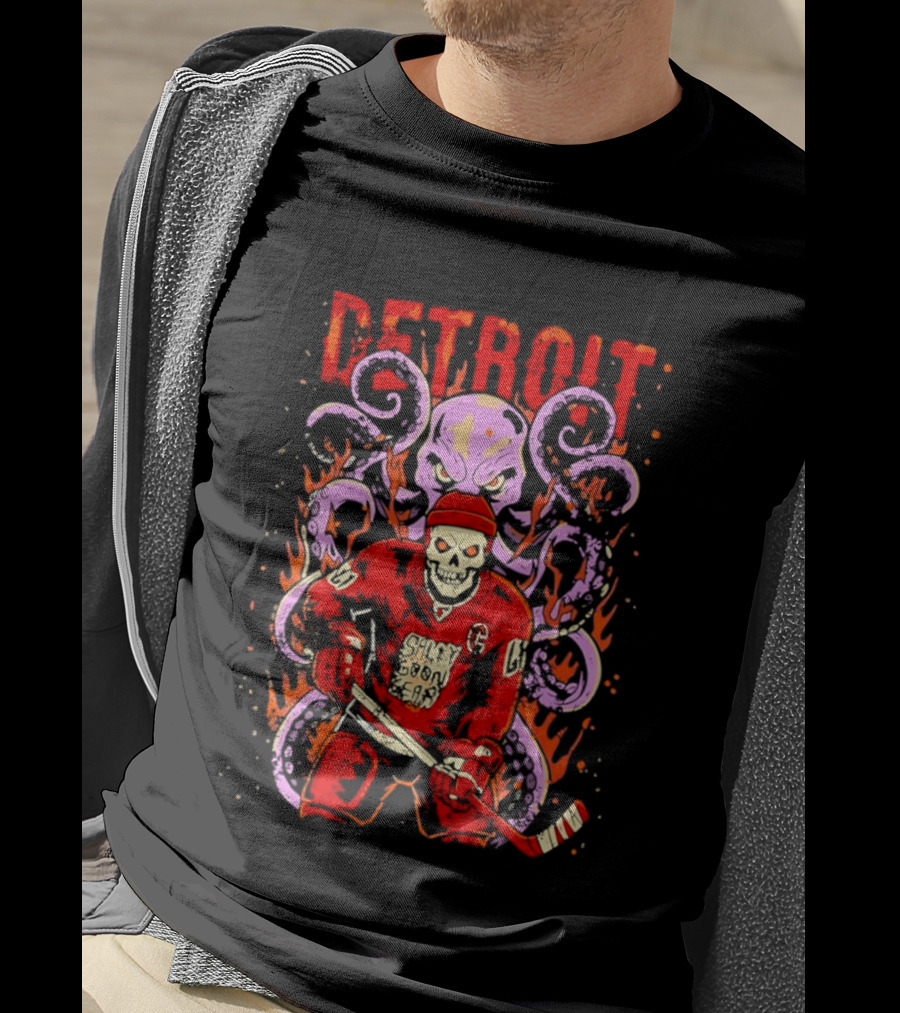 Detroit Salty Goon Skeleton Hockey Giant Octopus T-Shirt