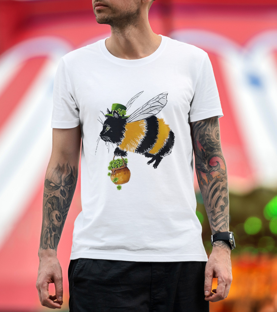 Catbee Lucky Buzz Cat With Clover And Leprechaun Hat T-Shirt