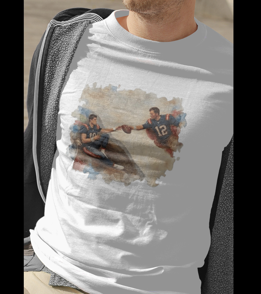 New England Football Brady Number 12 And Maye Number 10 Handing Football Painting T-Shirt