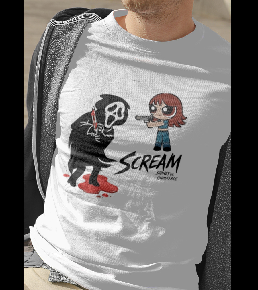 Scream Sidney Vs. Ghostface Cartoon Style Showdown With Knife And Splatter T-Shirt