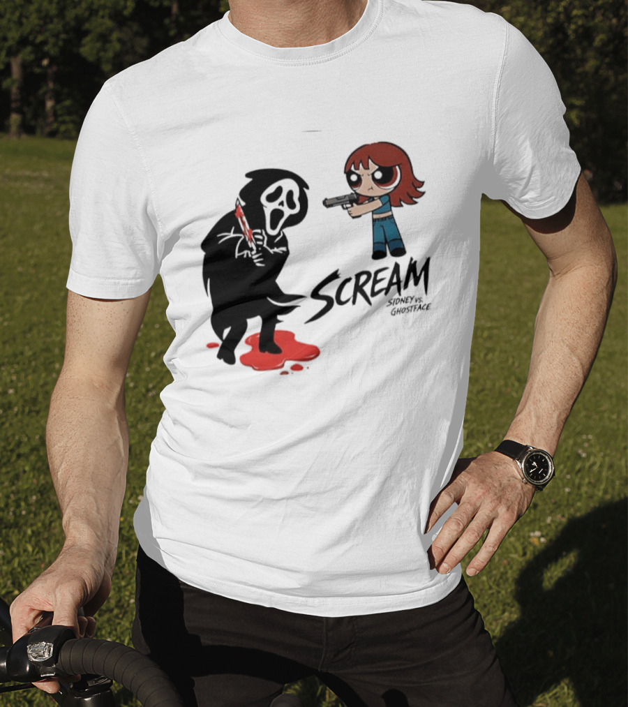 Scream Sidney Vs. Ghostface Cartoon Style Showdown With Knife And Splatter T-Shirt
