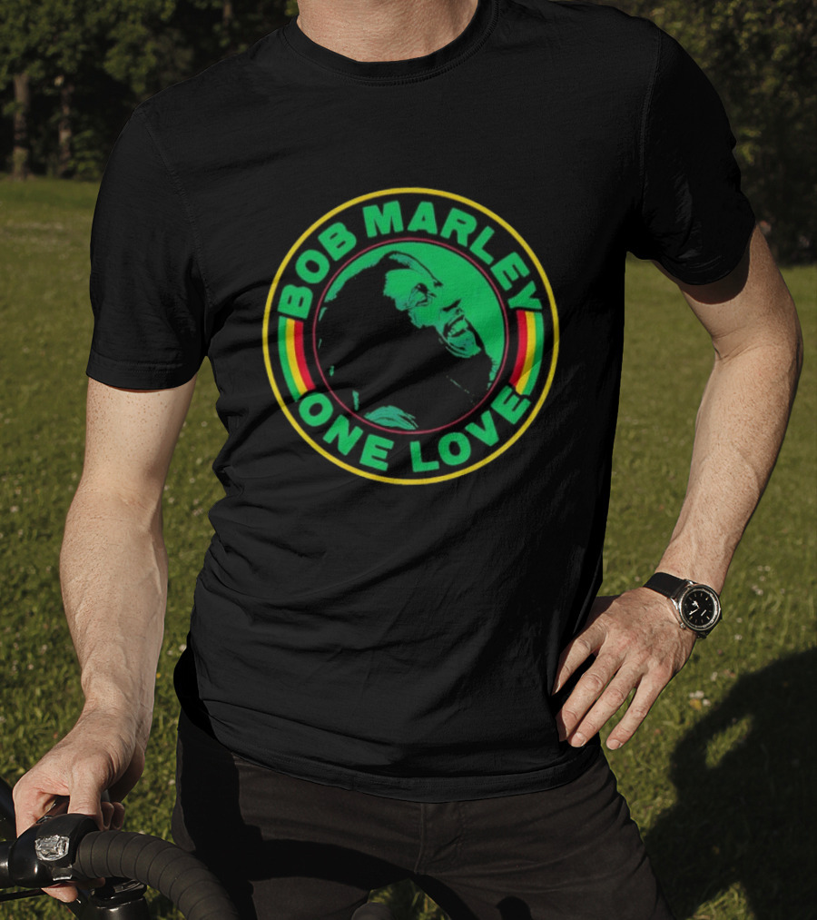 Bob Marley One Love Iconic Circle Emblem With Green And Red Highlights T-Shirt
