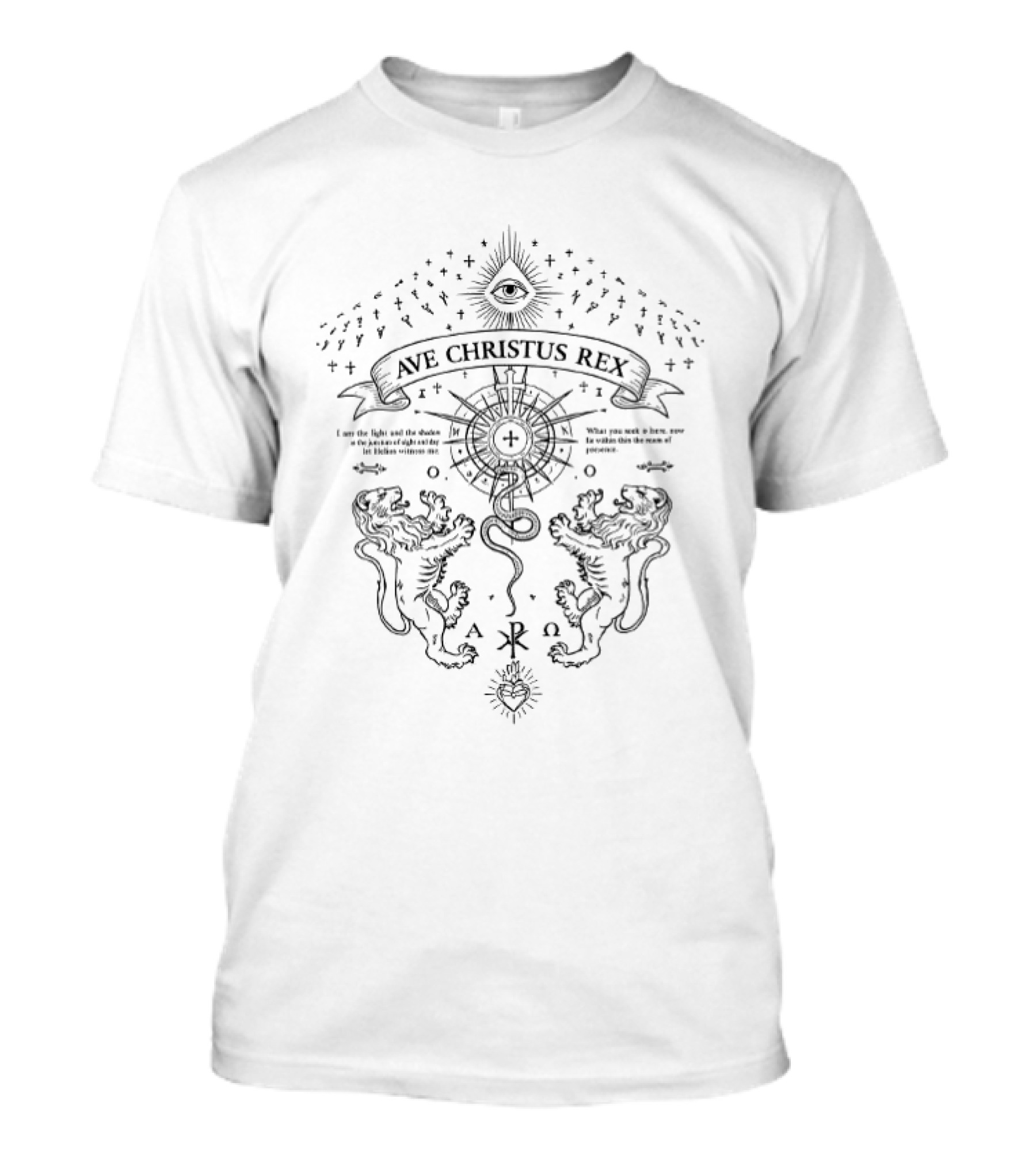 Ave Christus Rex All Seeing Eye Lions Cross Alpha Omega T-Shirt