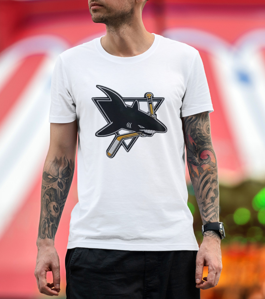 San Jose Sharks Biting Hockey Stick Triangle Sports T-Shirt