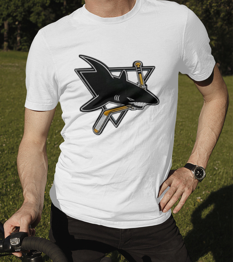 San Jose Sharks Biting Hockey Stick Triangle Sports T-Shirt