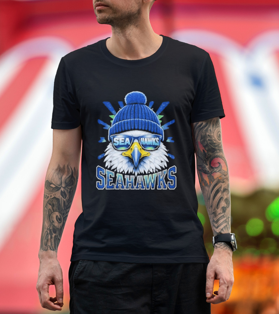 Seahawks Eagle Face With Sunglasses And Winter Hat T-Shirt