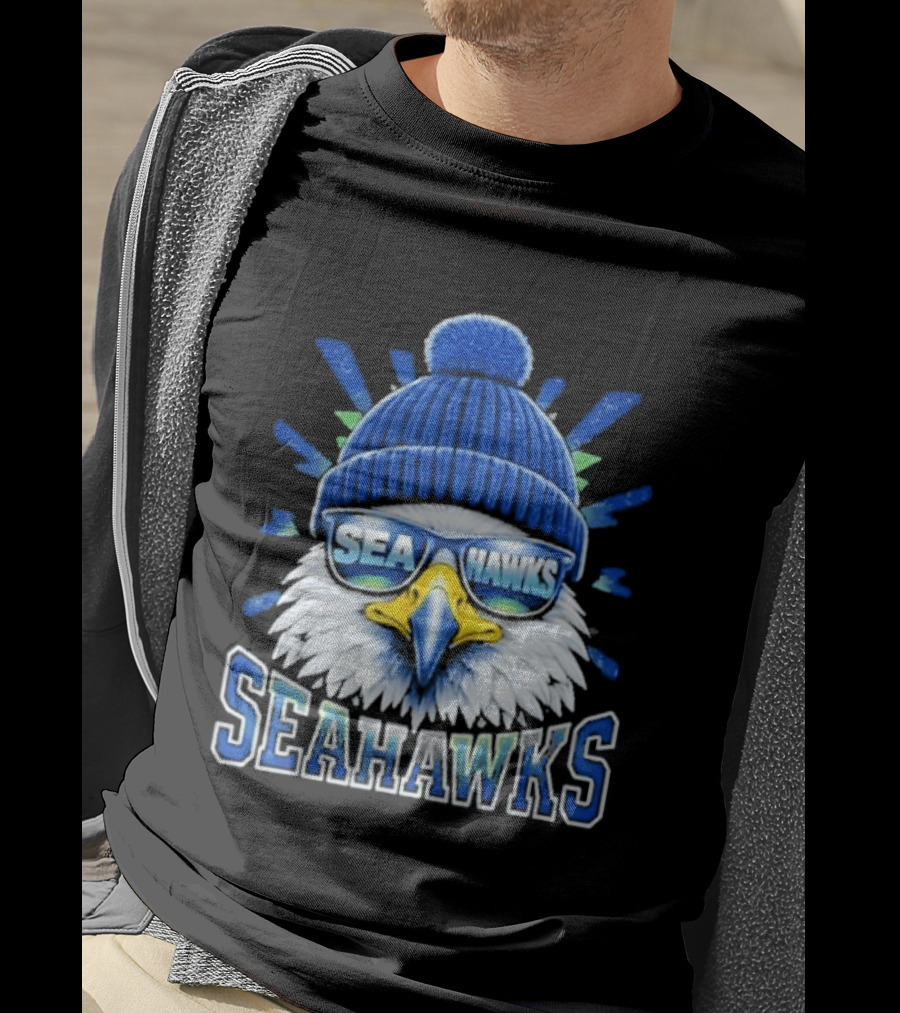 Seahawks Eagle Face With Sunglasses And Winter Hat T-Shirt
