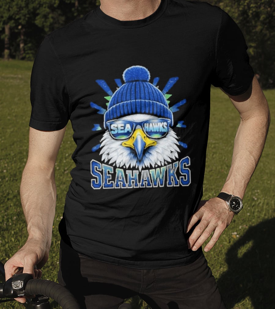 Seahawks Eagle Face With Sunglasses And Winter Hat T-Shirt