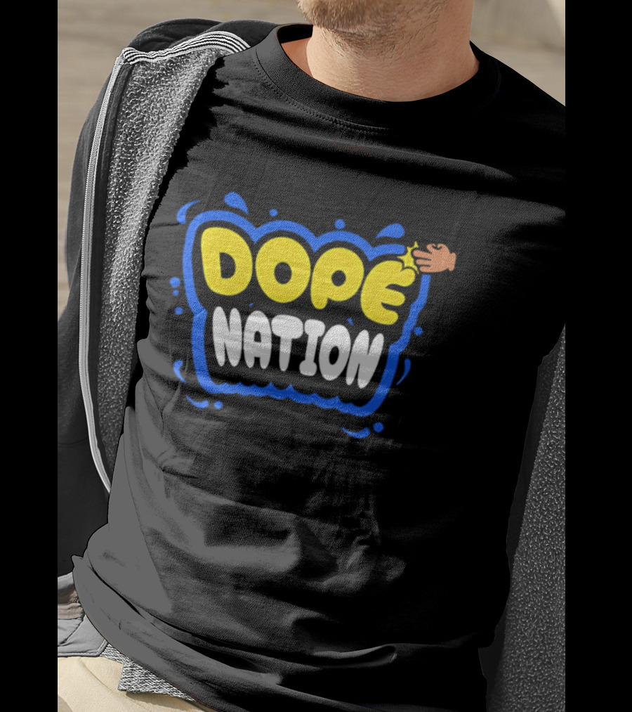Dope Nation Bubble Letters With Yellow Hand And Blue T-Shirt