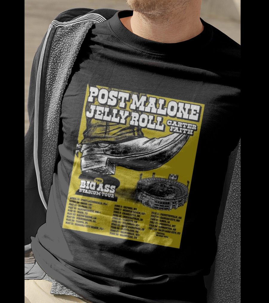 Post Malone Jelly Roll Carter Faith Big Ass Stadium Tour 2026 Limited Edition Dates And Venues T-Shirt