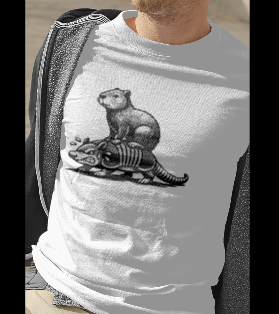Capybara Riding Armadillo Black And White Illustration Adventure T-Shirt