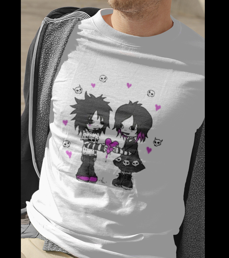 Goodie Two Sleeves Zombie Love Emo Couple Heart Skulls Pink Black T-Shirt