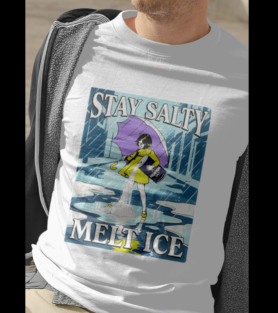 Morton Salt Stay Salty Melt ICE Umbrella Girl Retro Rain Scene T-Shirt
