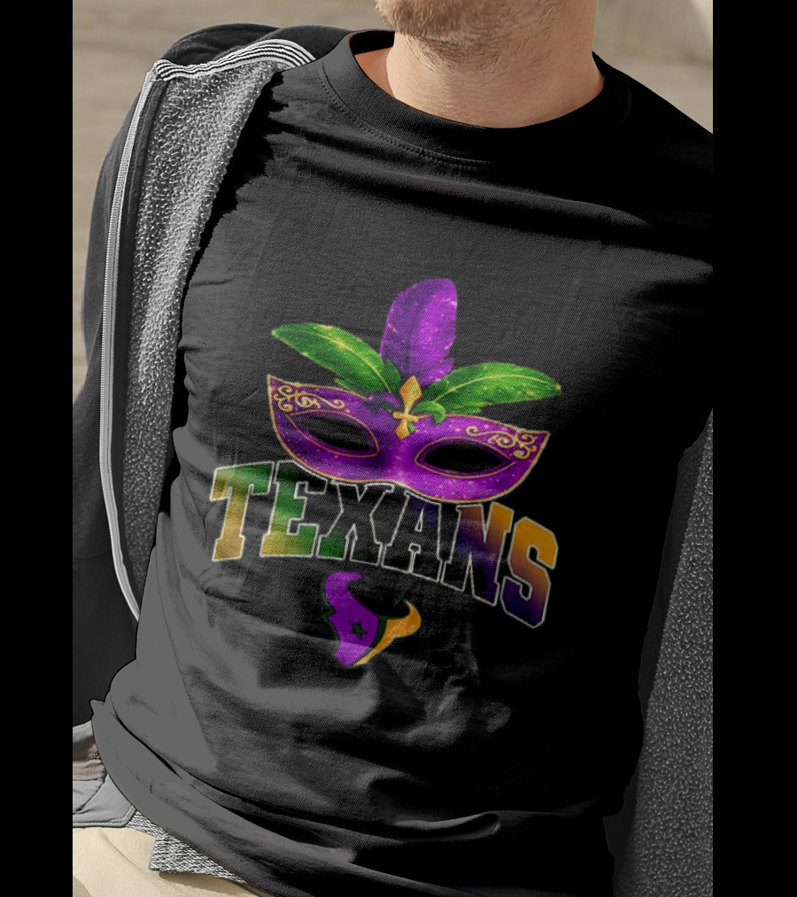 Houston Texans Mardi Gras Mask Fleur De Lis Feather T-Shirt