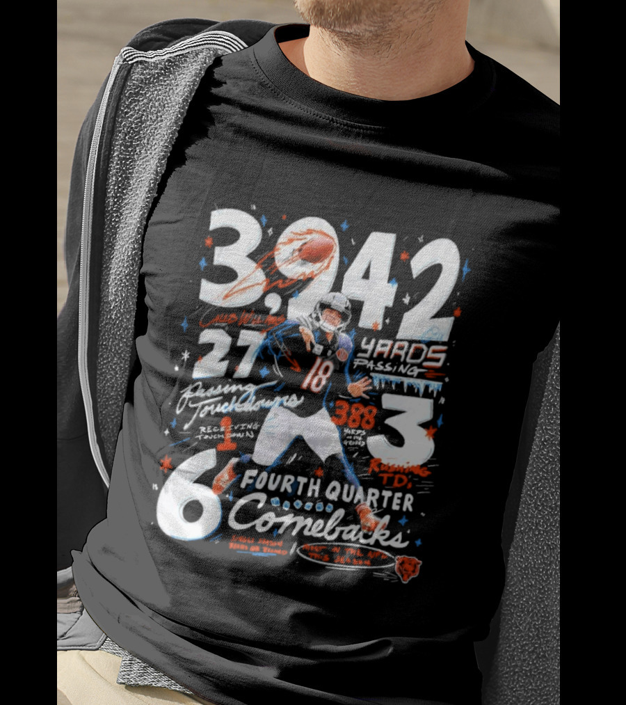 Caleb Williams Chicago Bears 2026 3,242 Yards Passing 27 Touchdowns 6 Fourth Quarter Comebacks 3 Wins T-Shirt