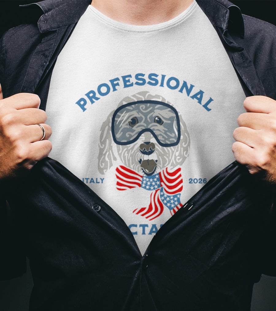 Professional Spectator Italy 2026 Winter Games Dog With Goggles And Scarf T-Shirt