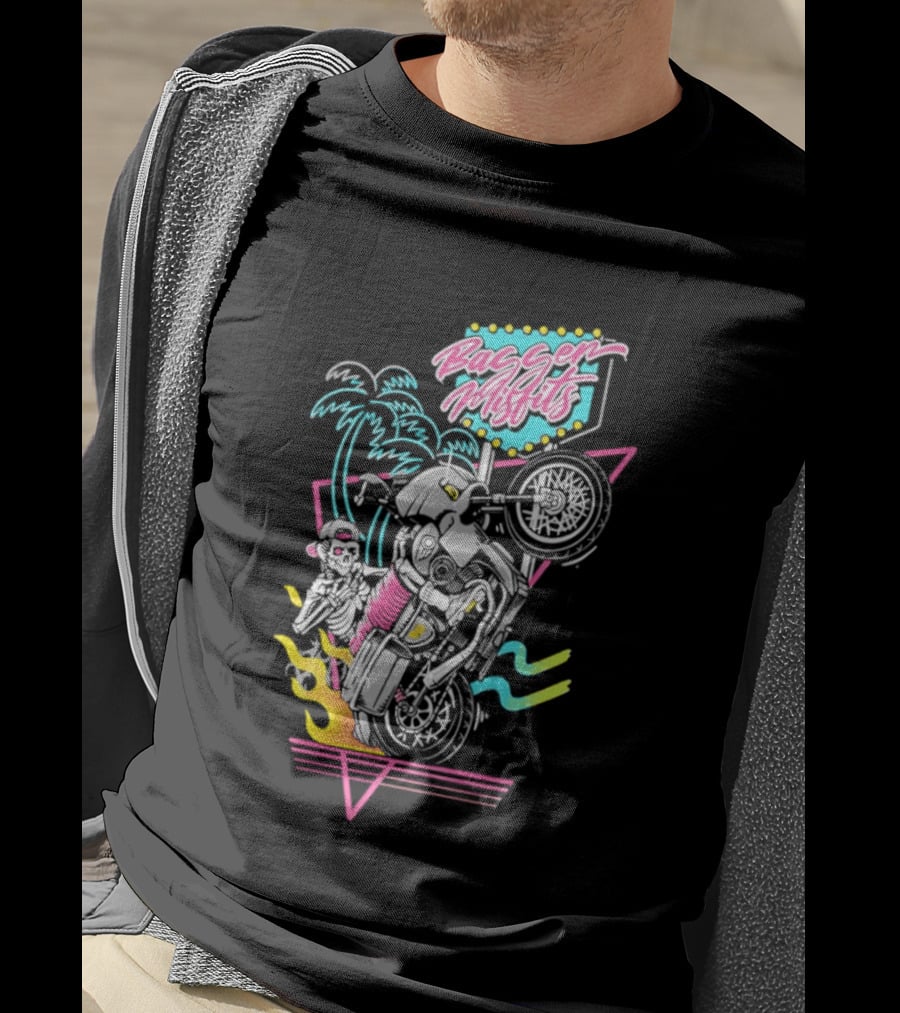 Bagger Misfits Skeleton Motorcycle Wheelie Neon 80s Palm Trees T-Shirt