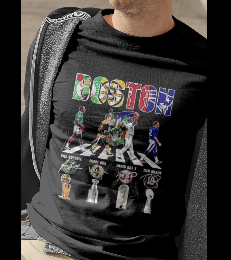 Boston Celtics Bruins Red Sox Patriots Bill Russell Bobby Orr David Ortiz Tom Brady Trophies Legends Signatures T-Shirt