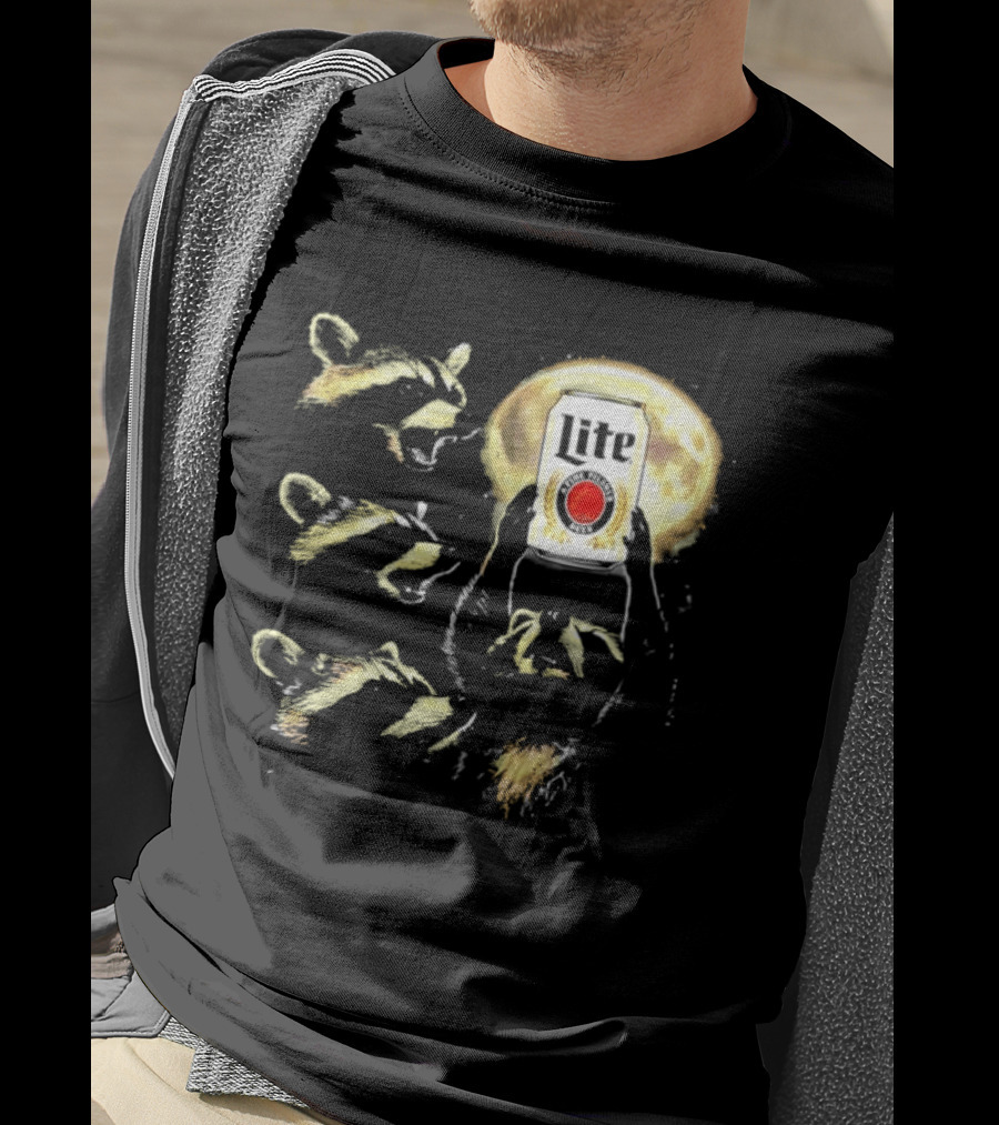 Four Raccoons Howling At Moon With Miller Lite Can T-Shirt