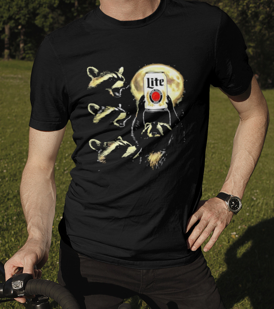 Four Raccoons Howling At Moon With Miller Lite Can T-Shirt