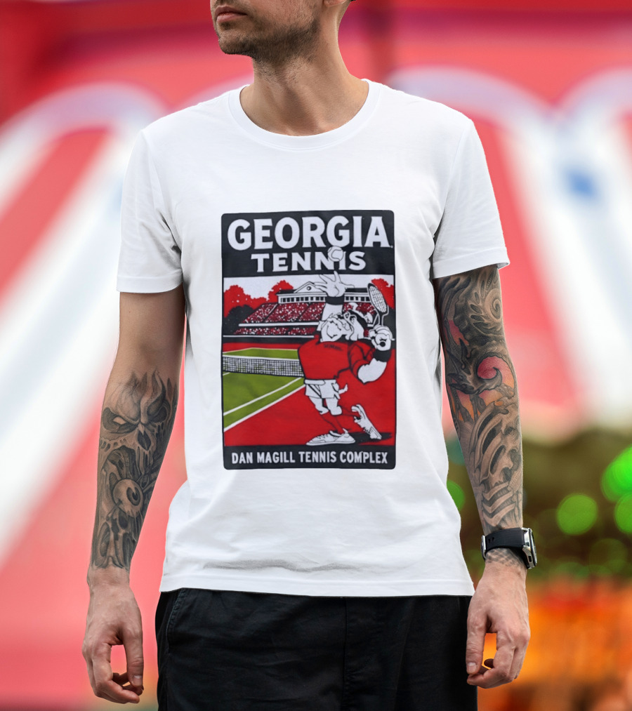 Georgia Tennis Dan Magill Tennis Complex Cartoon Character Court Scene T-Shirt