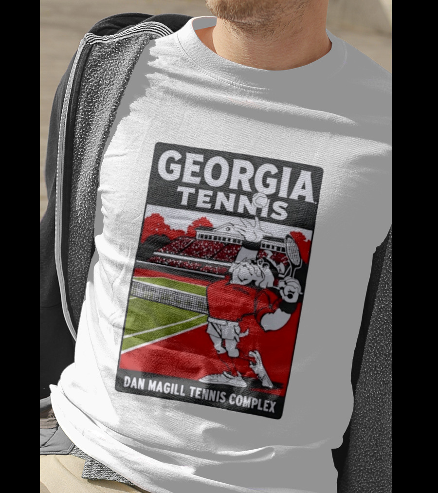Georgia Tennis Dan Magill Tennis Complex Cartoon Character Court Scene T-Shirt