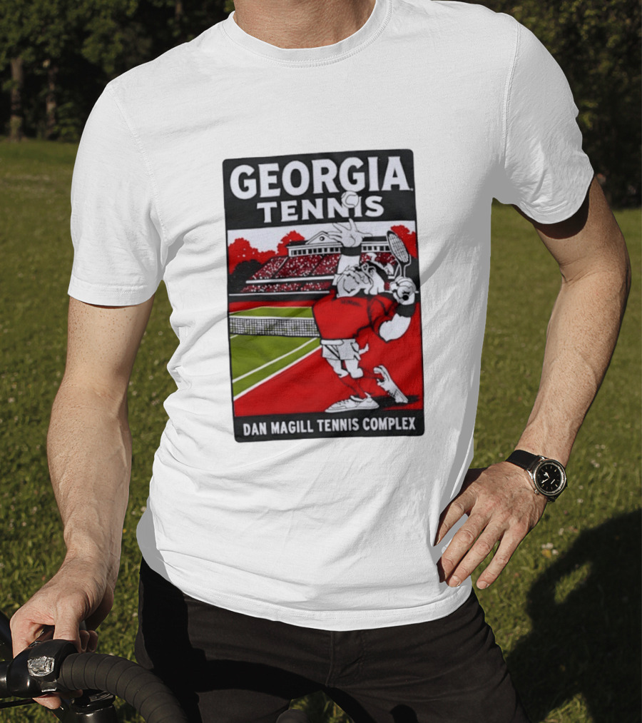Georgia Tennis Dan Magill Tennis Complex Cartoon Character Court Scene T-Shirt