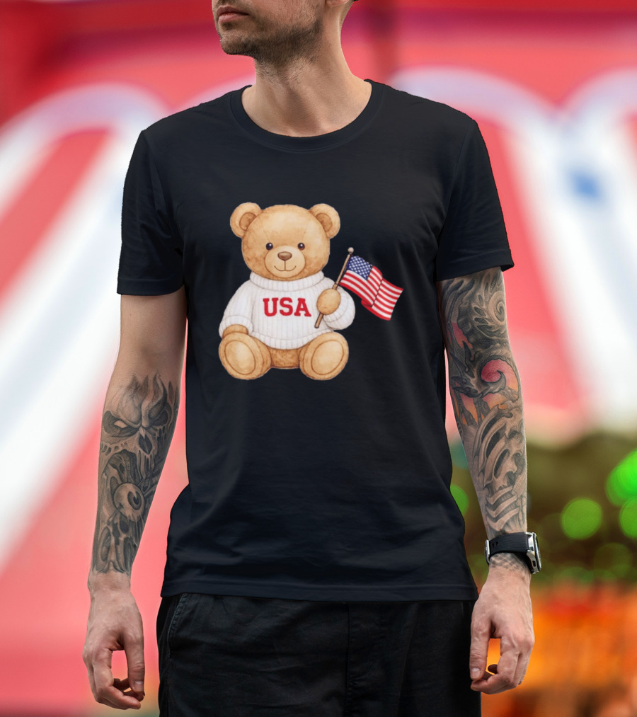 USA Teddy Bear Holding American Flag T-Shirt